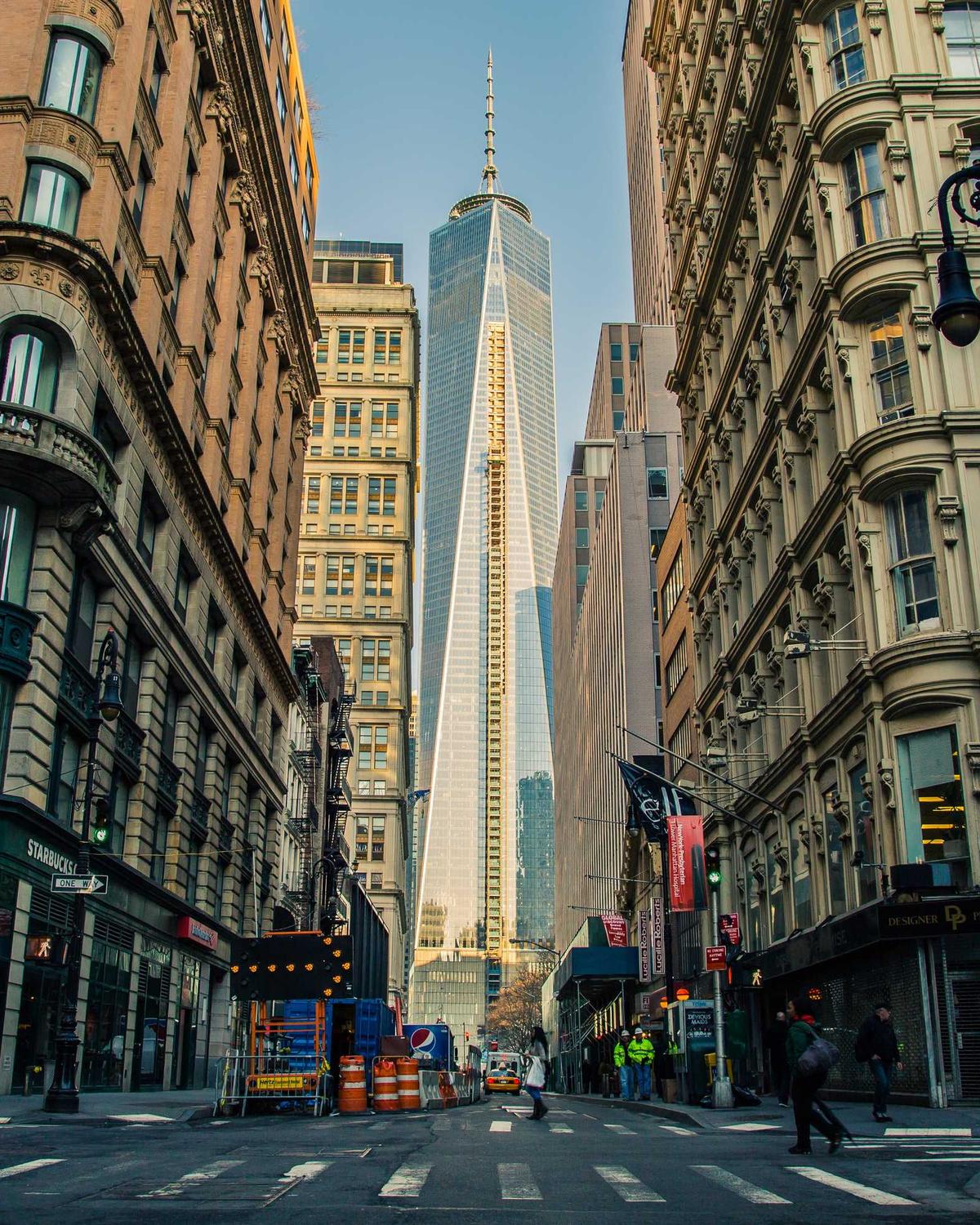 Business street with a glass tower
